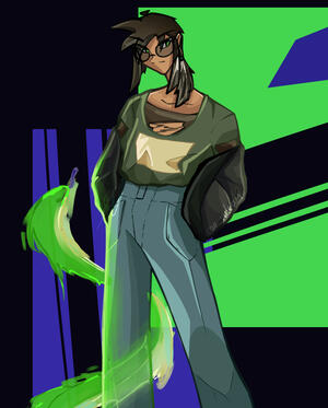 Design dates October 2022 - Art dates November 2022 [A design of an original character of mine. They are an androgynous east-Asian person with slightly tanned/olive skin wearing baggy clothes. There is a spectral being beside their right leg]