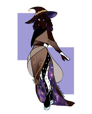 Design dates July 2022 - Art dates July 2022 [A design of an original character of mine. She is a black woman with a witch-inspired aesthetic, sporting a pointed hat and layered dress that shows a galaxy pattern on the inside]