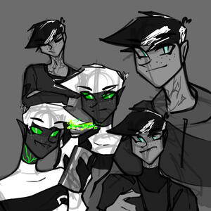 February 2023 [A page consisting of five doodles of Danny Fenton and Phantom in various poses, colored flatly in black and white with hints of green]