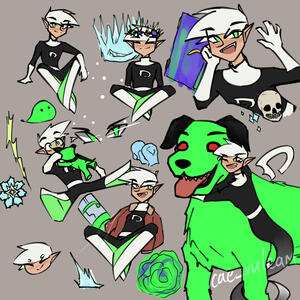 October 2023 [A page consisting of six doodles of Danny Phantom in various poses and actions, colored without rendering]