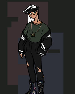 March 2023 [A simple full-body drawing of Danny Fenton with tight ripped jeans, a green shirt and a letterman jacket hanging off his shoulders. It's colored, but not rendered]