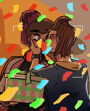 March 2023 [A half-body drawing of Timmy Turner and Jimmy Neutron kissing as Timmy holds a boxed present. It is fully rendered]